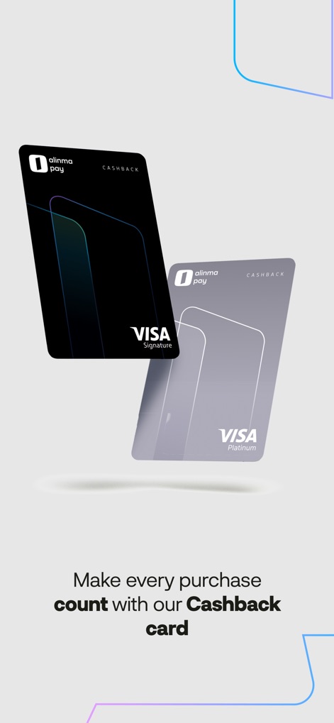 alinma pay - The app showcases its premium 'Visa Signature' and 'Visa Platinum' cashback cards, highlighting their design and reward potential.