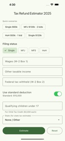 IRS Tax Refund Estimator screenshot