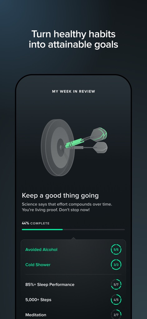 WHOOP - This tool helps users build healthy habits, showcasing weekly progress with specific goals like 'Avoided Alcohol' and 'Cold Shower' tracking.