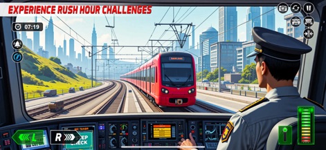 Modern Train Driver Game 2023 - Immerse in the detailed driver's cockpit, offering a panoramic view of the urban landscape and critical dashboard readouts.