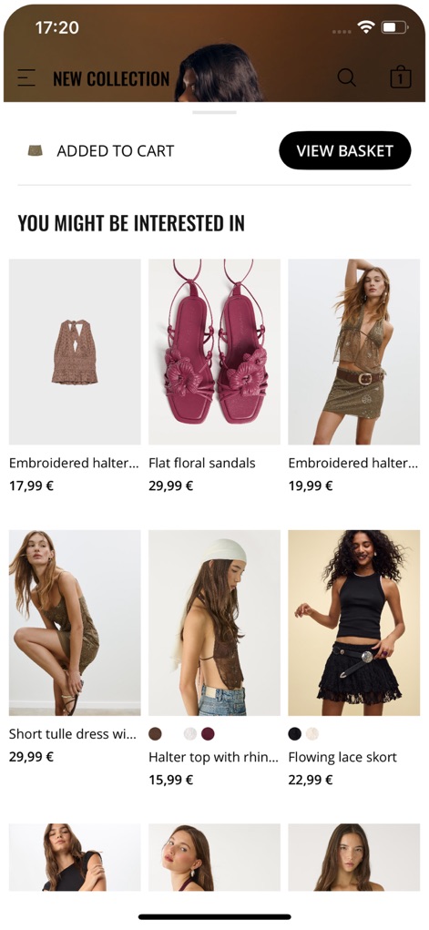 Stradivarius - Clothing Store - Nach dem Hinzufügen eines Artikels wird die Bestätigung „ADDED TO CART“ angezeigt, ergänzt durch relevante Produktvorschläge unter „YOU MIGHT BE INTERESTED IN“.