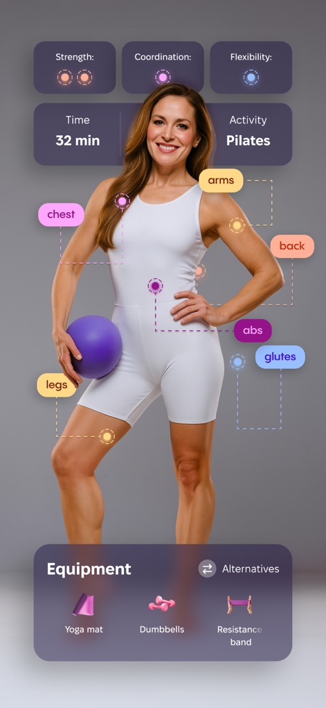 HARNA: Workout & Fitness - Cette capture illustre l'analyse détaillée des performances physiques (force et coordination) et la visualisation des zones musculaires ciblées lors d'une séance de Pilates.