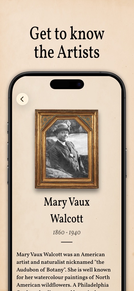 Art of Flora: Cozy Puzzles - L'app permette di approfondire la storia degli illustratori, mostrando il ritratto di "Mary Vaux Walcott" e fornendo una dettagliata descrizione biografica del suo lavoro.