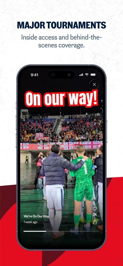 The Official England App - This view demonstrates the app's immersive coverage of major tournaments, featuring a full-screen video with celebratory scenes and a prominent, dynamic text overlay.