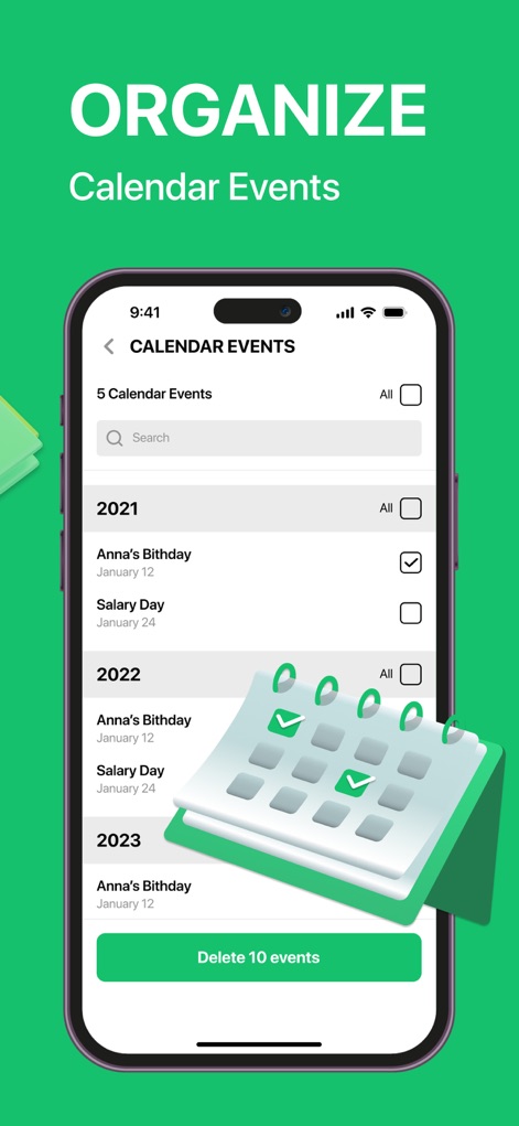 LIME Cleaner - Storage Cleanup - This tool helps users effortlessly manage their schedule by listing 'Calendar Events' by year and providing checkboxes to select and 'Delete' unwanted entries.
