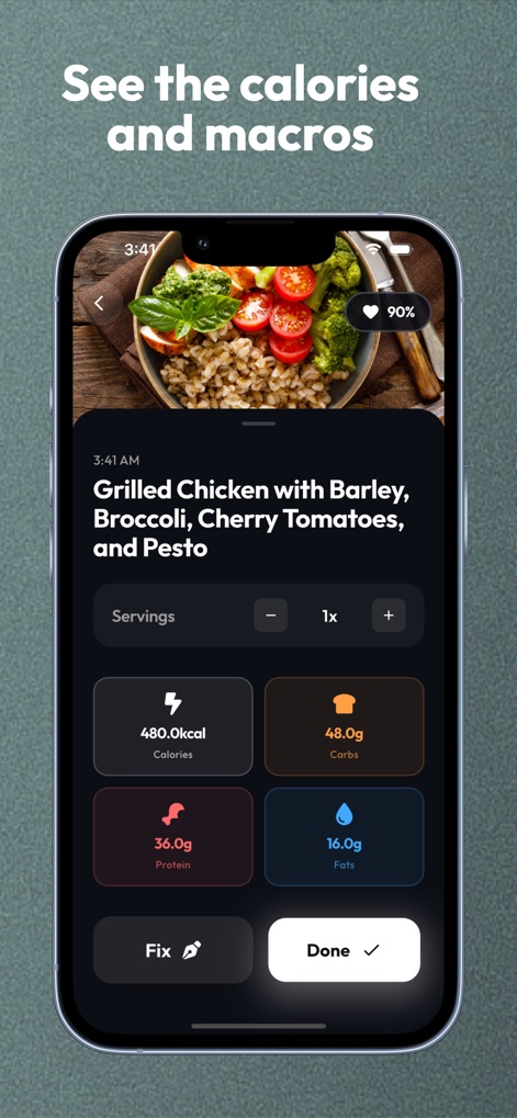 Macro AI - Calorie Tracker - The app provides a comprehensive nutritional analysis, detailing total calories and precise macro breakdowns for protein, carbs, and fats.