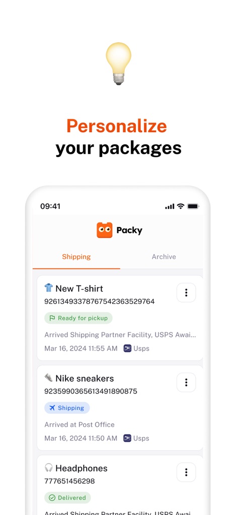 Package Tracker － Packy - Cet outil permet de renommer et d'organiser les colis avec des titres personnalisables et offre des onglets distincts ("Shipping", "Archive") pour une gestion simplifiée.