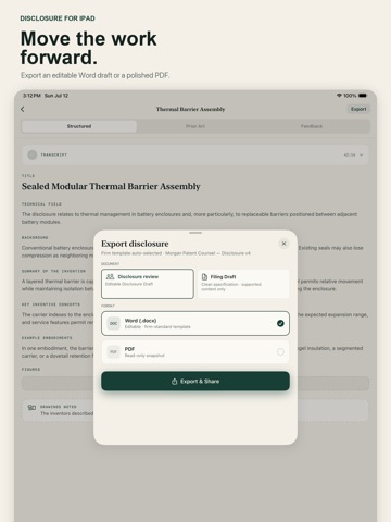 Disclosure: Patent AI Scribe iPad screenshot