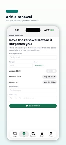 Subscription Renewal Ledger screenshot