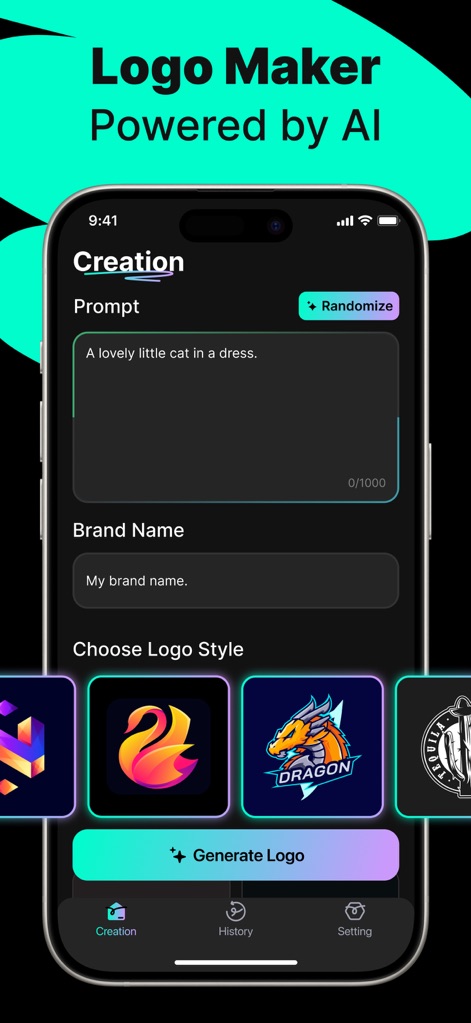 Logo Maker - AI Art Design - Questo strumento consente agli utenti di inserire un "prompt" descrittivo e un "nome del brand" per avviare il processo di generazione del logo tramite intelligenza artificiale.