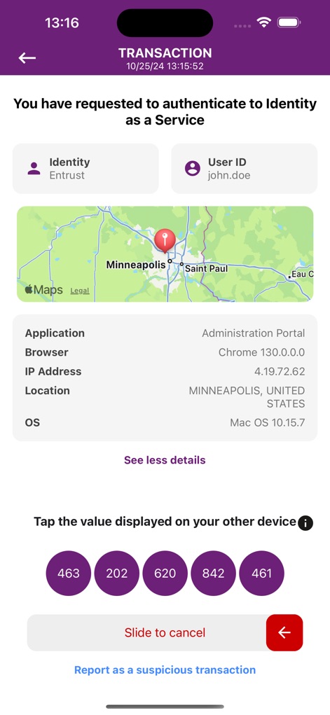 Entrust Identity - The app presents detailed transaction information, including the user's location on a map, and provides interactive numbered buttons for secure confirmation or the 'Slide to cancel' option.