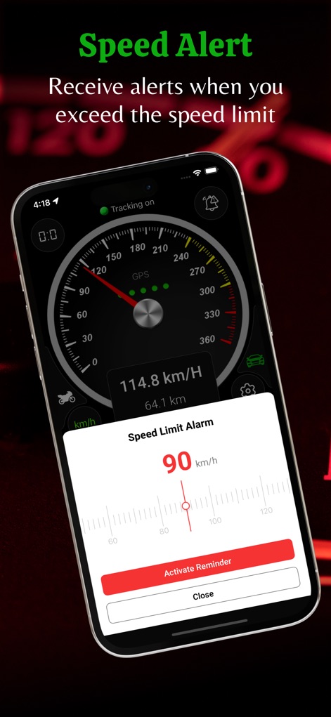 GPS Speedometer: MPH Tracker - Los usuarios pueden configurar alarmas de límite de velocidad personalizadas, como la que muestra 90 km/h, y recibir notificaciones cuando la velocidad actual de 114.8 km/h excede el umbral establecido.
