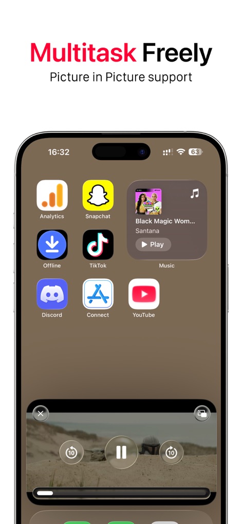 UbeCast - Esta captura de tela exibe a funcionalidade multitarefa, com um reprodutor de vídeo flutuante ativo sobre a grade de aplicativos, permitindo aos usuários assistir e navegar simultaneamente.