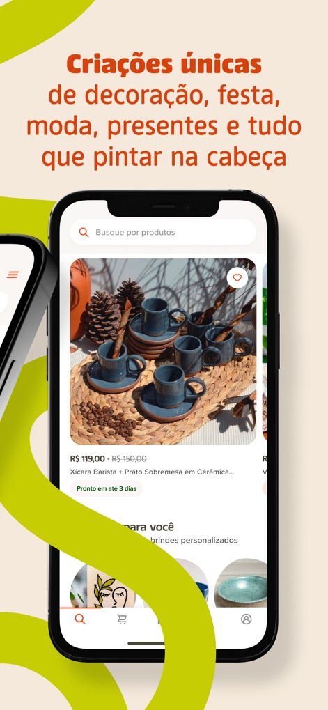 Elo7 - Observe a detailed product display, like this charming ceramic coffee set, clearly indicating its price and estimated delivery time for informed purchasing.