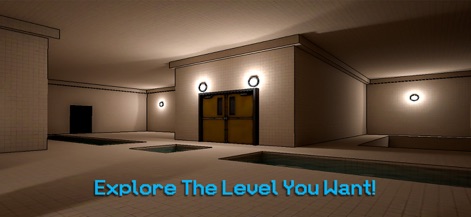 Backrooms Union Multiplayer - Discover the distinct architectural variations, as seen with the bright tiled walls and the intriguing double doors suggesting passage to new areas.