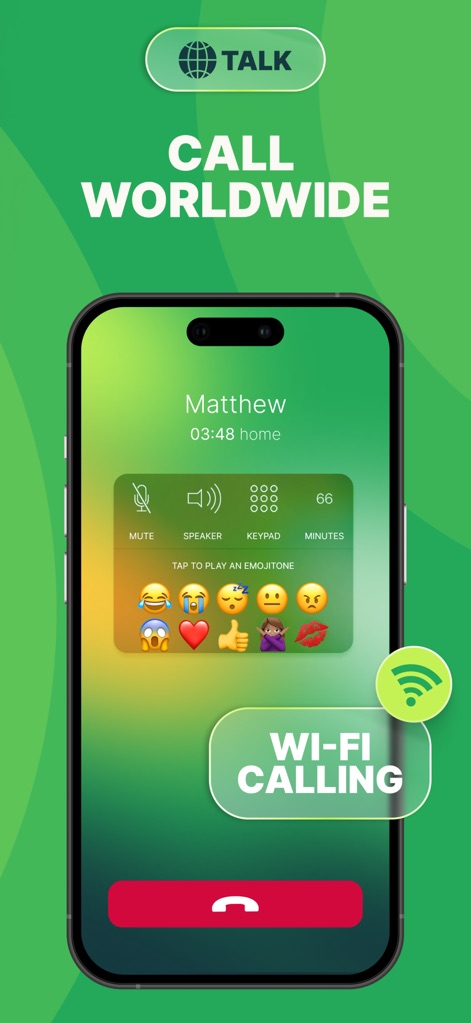 textPlus: Text Message + Call - Esta pantalla ilustra la capacidad de "Llamadas por Wi-Fi" y las opciones durante la llamada, como el teclado numérico y el silenciar, al tiempo que presenta la innovadora función "Emojitone" para personalizar la experiencia de comunicación.