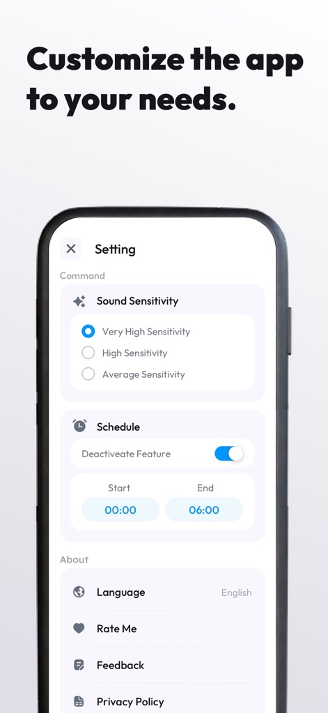 ClapSeek: Find phone by clap - Users can fine-tune their experience by adjusting the 'Sound Sensitivity' and setting specific 'Scheduling options' to deactivate features during certain hours, tailoring the app to individual needs.