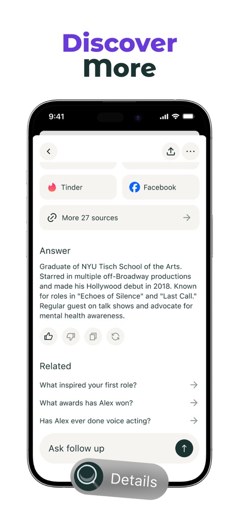 DeepSearch: AI Search Engine - The app provides AI-generated answer summaries and suggests related follow-up questions for a more in-depth understanding of the subject.