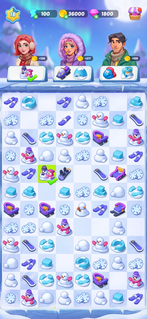 Mystery Town: Merge Games - Experience merging with distinct winter-themed items, such as snowmen and sleds, presented in a cool and frosty color palette.