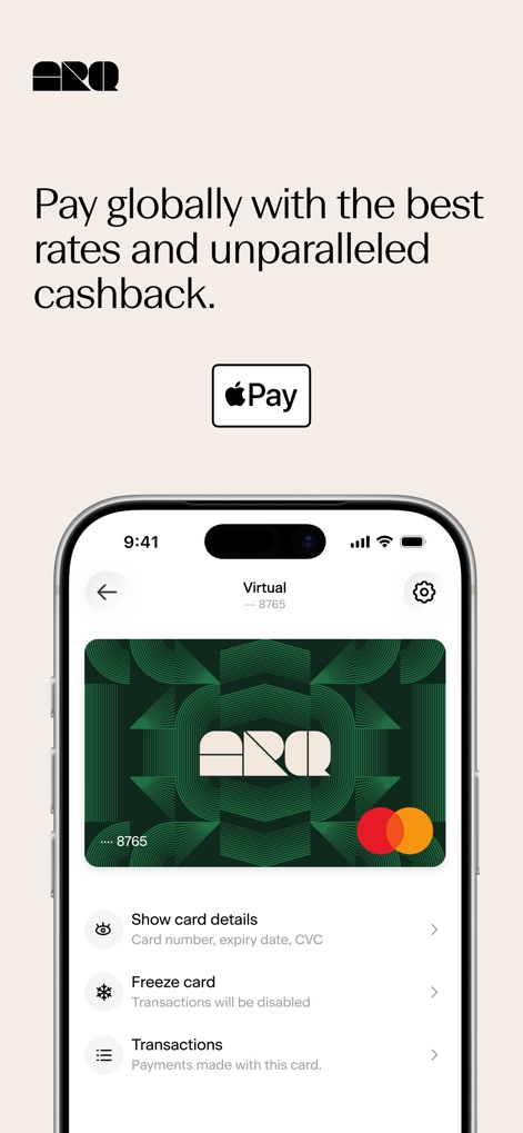 ARQ (formerly DolarApp) - Users can view their virtual ARQ card and access essential management options like freezing the card and integrating with Apple Pay for secure transactions.