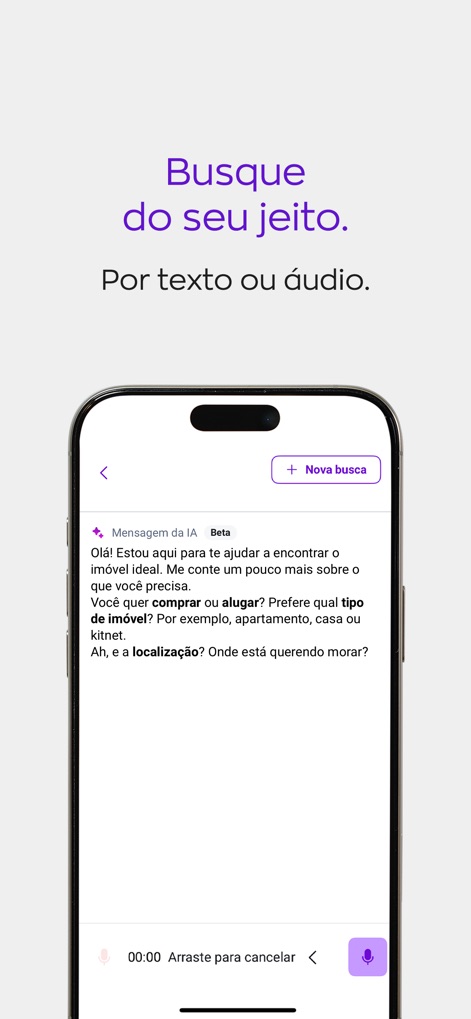 ZAP Imóveis | Compra e Aluguel - 이 앱은 텍스트 입력창과 음성 검색 버튼을 통해 사용자가 AI와 대화하며 원하는 부동산을 맞춤 검색하도록 돕습니다.