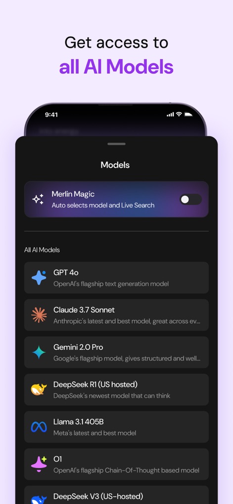 Merlin AI: AI Chat Assistant - Users can explore a comprehensive list of advanced AI models like GPT 4o and Claude 3.7 Sonnet, easily managing their preferences with the "Merlin Magic" auto-selection toggle.