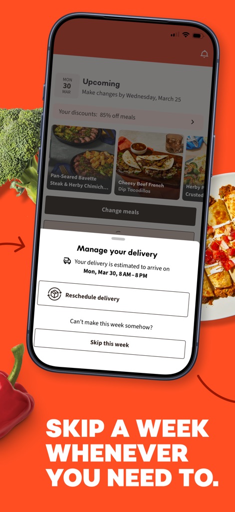 EveryPlate: Cooking Simplified - The app provides convenient options to manage deliveries, allowing users to either 'Reschedule delivery' or 'Skip this week' with ease.