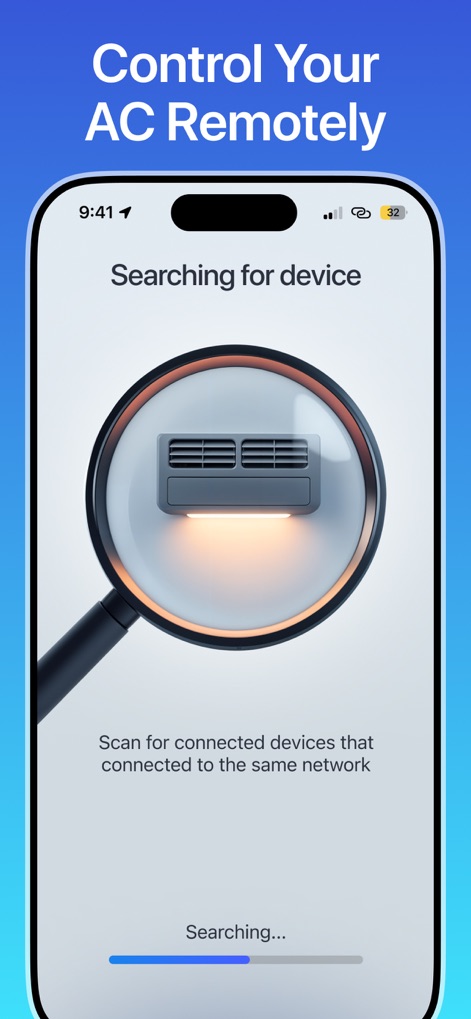 Air Conditioner Controller - Observe the app's efficient "Searching for device" screen, illustrating its capability to automatically detect and connect to compatible AC units via network scanning.