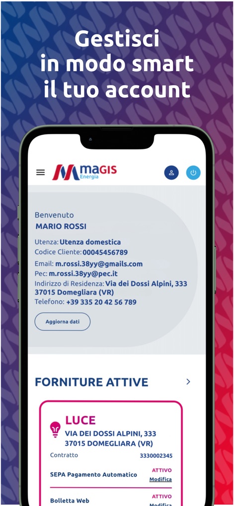 Magis Energia - Los usuarios pueden revisar su información personal, incluyendo el nombre y datos de contacto, y visualizar claramente los detalles de sus 'Forniture Attive' (suministros activos) con opciones de modificación.