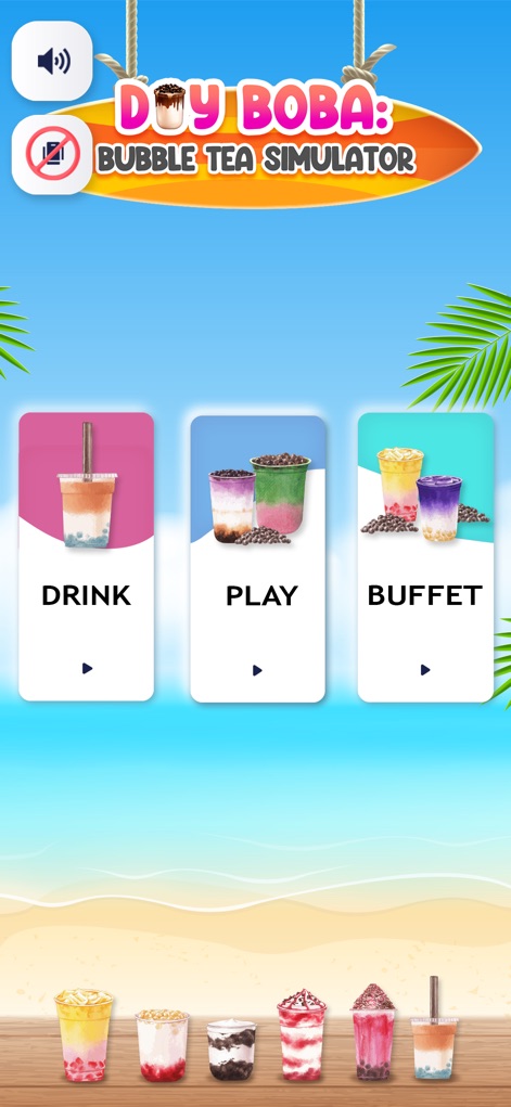 Boba Tea DIY: Bubble Tea - La pantalla de inicio principal ofrece a los usuarios **tres opciones de juego** claras e intuitivas y una atractiva presentación visual de **bebidas terminadas** en la parte inferior de la interfaz.