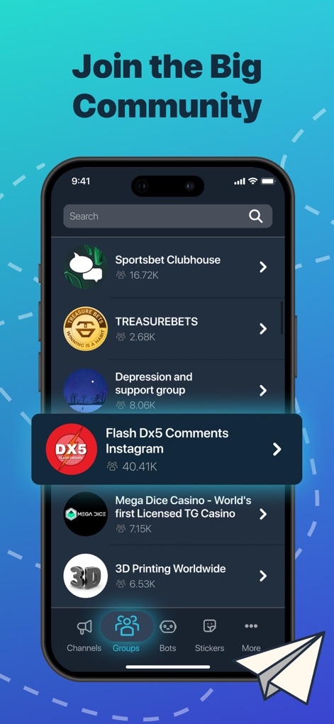 Telegram Channel Hub Group App - Los usuarios pueden explorar una vasta selección de grupos de Telegram, como "Sportsbet Clubhouse" y "Flash Dx5 Comments Instagram", y unirse a comunidades con miles de miembros.
