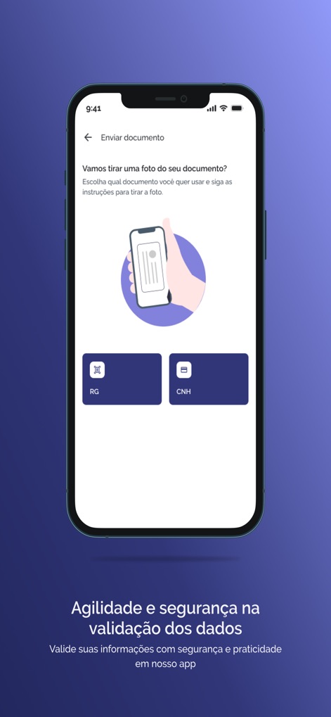 FGC - Users can effortlessly submit identification documents, choosing between 'RG' or 'CNH' through a guided photo-taking process for robust identity validation.