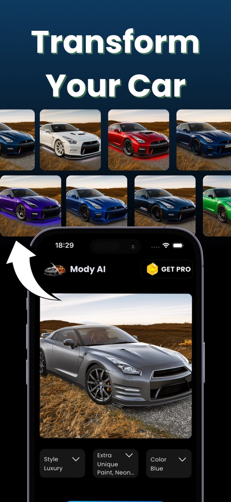 Mody : AI Car Modifications - The app presents a diverse gallery of pre-rendered custom cars and allows users to explore various modifications through intuitive dropdowns like "Style" and "Color" within the Style Builder interface.
