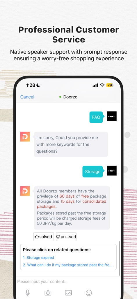 Doorzo – Buy & Bid from Japan - Users benefit from a responsive support system, featuring automated chat responses and readily available FAQ options like 'Storage expired' for quick problem resolution.