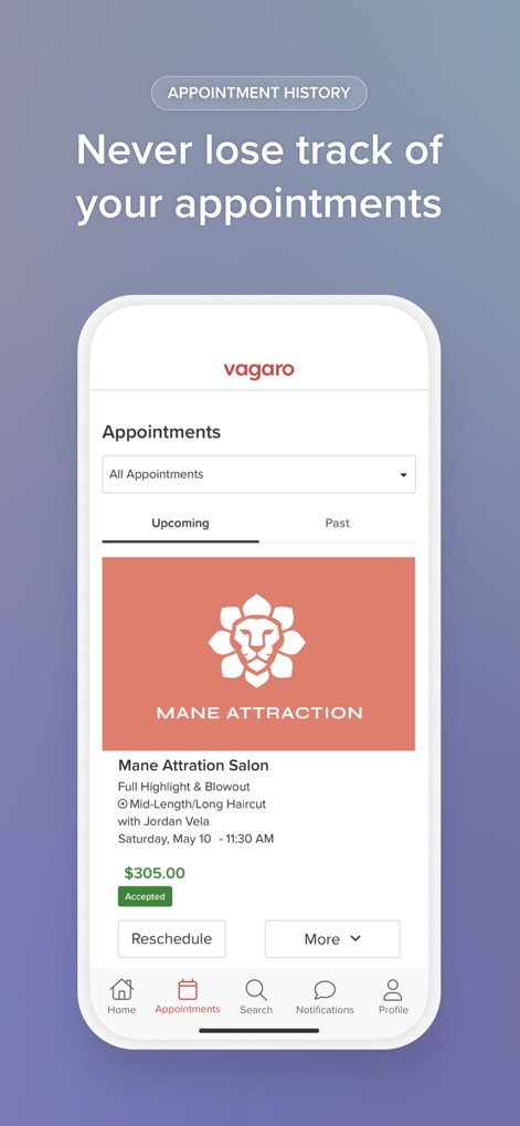Vagaro - Users can track their full appointment history, with distinct 'Upcoming' and 'Past' sections, and manage bookings with options to 'Reschedule' directly.