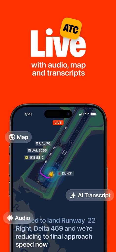 ATC - Live Air Traffic Radio - ライブオーディオ、詳細なマップ、そしてAIが生成するトランスクリプトにより、ユーザーは航空交通の状況を多角的に把握できます。