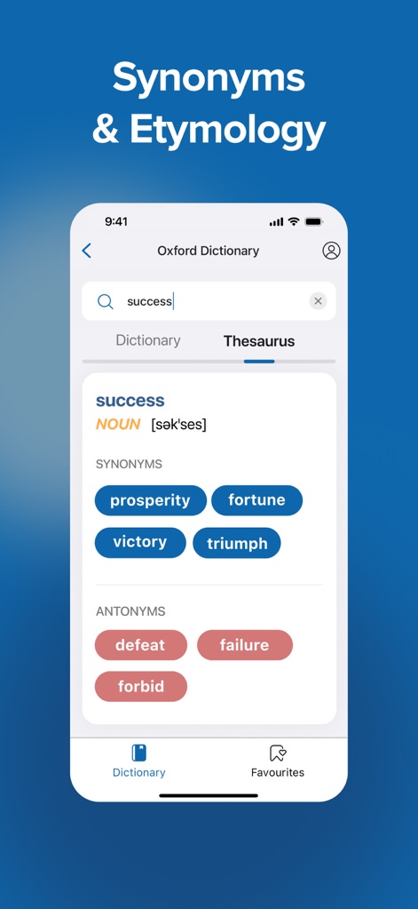 Oxford Dictionary & Thesaurus - Ao pesquisar uma palavra, os usuários visualizam uma lista detalhada de sinônimos, como 'prosperity' e 'fortune', e antônimos, como 'defeat', permitindo uma compreensão abrangente do vocabulário.