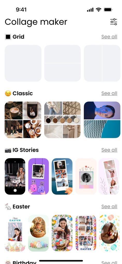 Photo Collage Maker・Pic Layout - La pantalla principal del creador de collages organiza las plantillas en categorías claras, incluyendo “IG Stories” y plantillas específicas para eventos como “Easter” y “Birthday”, facilitando la búsqueda.