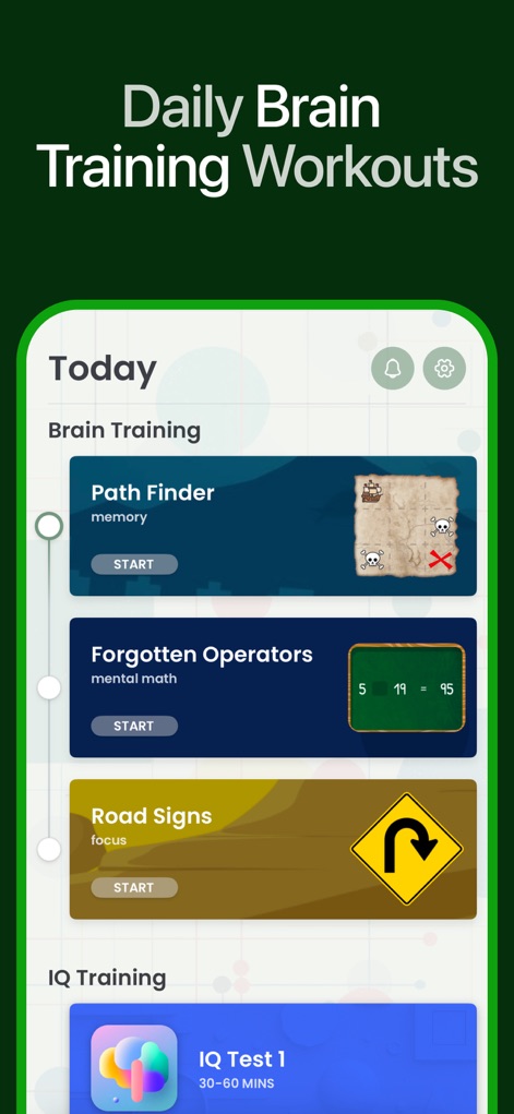 IQ Test - Brain Training Games - La interfaz presenta "rutinas de entrenamiento diarias" estructuradas con títulos como "Path Finder" para la memoria y "Forgotten Operators" para cálculo mental.