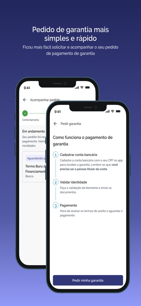 FGC - This tool illustrates the simplified 'Pedir garantia' process with clear, numbered steps for registration and identity validation, alongside an 'Acompanhar pedido' view for real-time status updates.