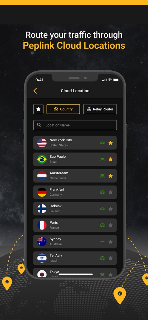 SpeedFusion Connect - Explore the comprehensive list of 'Peplink Cloud Locations', allowing users to select their preferred country and monitor connection status.
