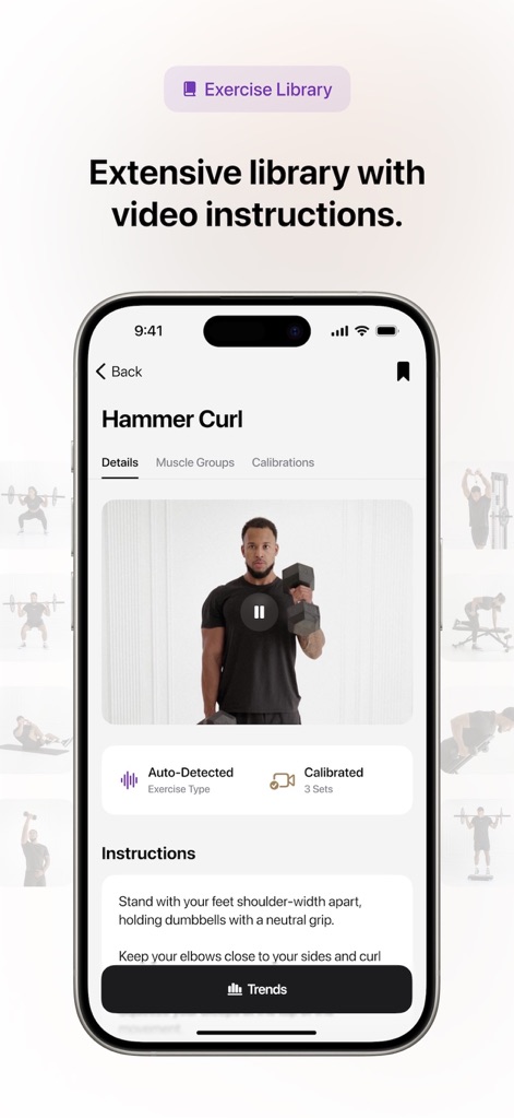 Motra AI Workout Fitness Coach - Access the 'Exercise Library' to find detailed instructions for every movement, featuring high-quality video demonstrations and auto-detection calibration data.