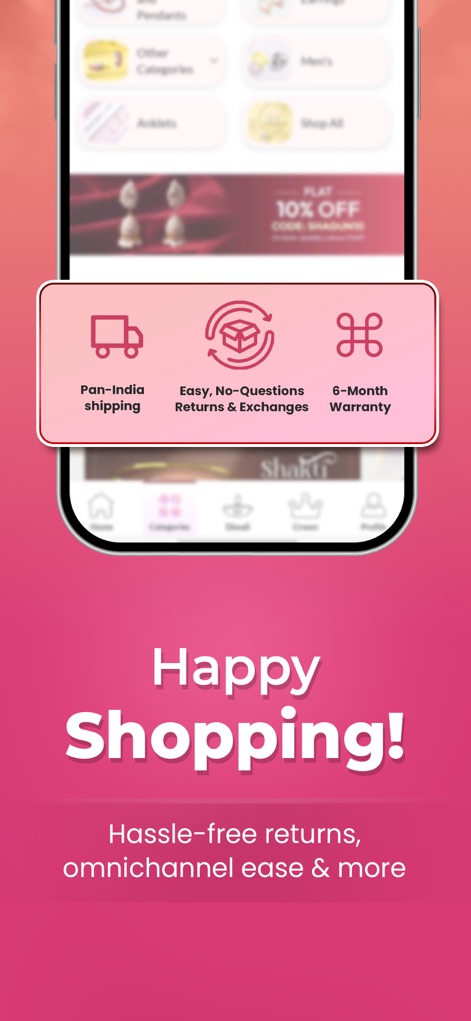 GIVA: Silver & Gold Jewellery - This screenshot details the app's customer-centric policies, featuring Pan-India shipping and easy, no-questions-asked returns and exchanges for peace of mind.