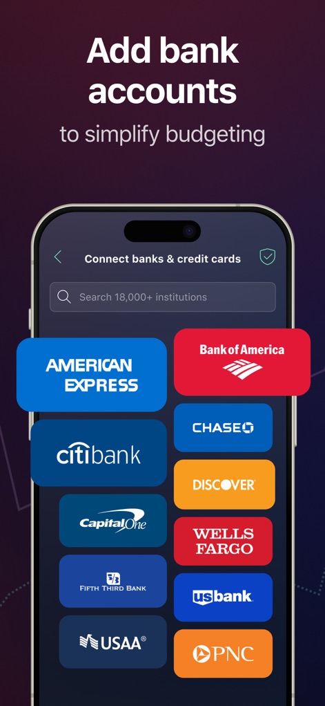 PocketGuard – Budgeting App - This interface shows the ability to 'Connect banks & credit cards' from a wide range of institutions, including American Express and Bank of America, for a unified financial view.