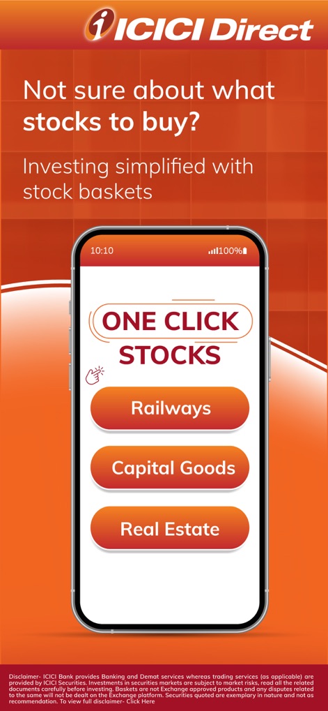 ICICI Direct-Stocks F&O MF IPO - The app simplifies stock selection with 'ONE CLICK STOCKS', offering themed baskets like 'Railways' and 'Capital Goods' for effortless portfolio diversification.