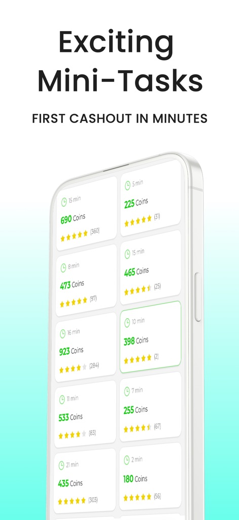 MONEY CASH - Fun & Earn - L'app offre un'ampia selezione di mini-compiti, ognuno con la durata stimata e i 'Coins' che si possono guadagnare, fornendo agli utenti diverse opportunità per monetizzare il proprio tempo.