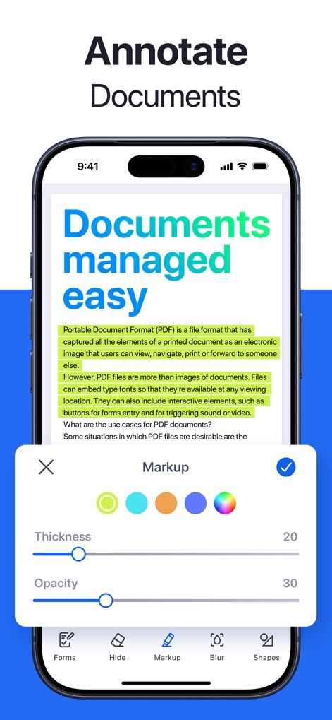Forma: PDF Document Editor - ユーザーは、文書の重要な箇所をハイライト表示できるだけでなく、注釈の太さや透明度を調整して、情報を視覚的に整理できます。