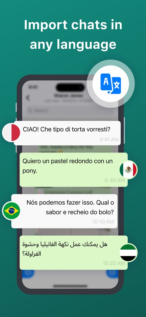 WT Chat Backup Restore Delete - Esta característica ilustra la capacidad de importar chats en varios idiomas, mostrando mensajes con banderas de países que identifican el origen de cada idioma.