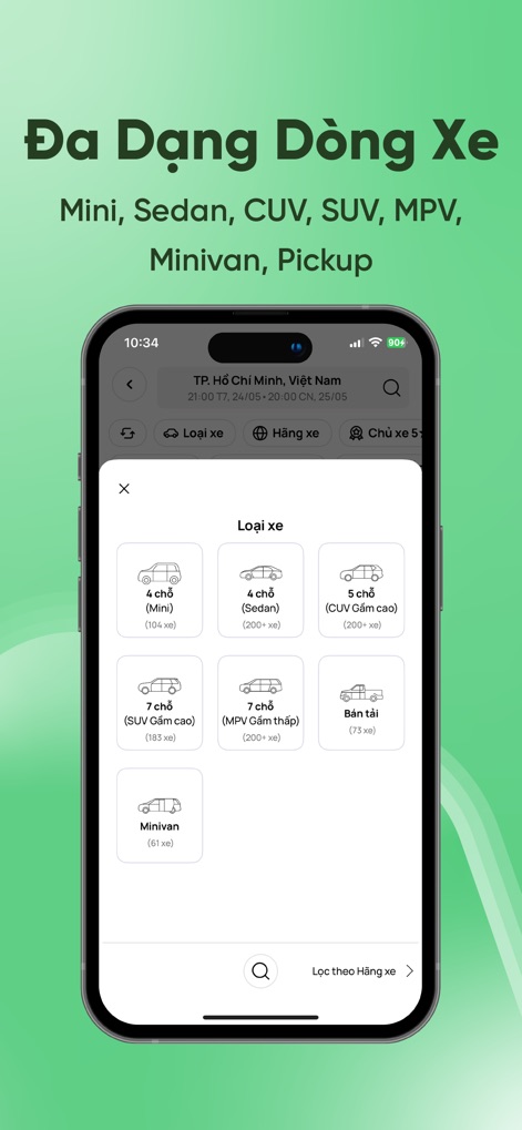 MIOTO - Thuê xe tự lái - Users can easily browse a comprehensive range of car types, from compact "Mini" options to spacious "Minivan" and "Pickup" models, ensuring a perfect fit for any travel need.