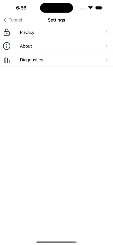 Tunnel - Workspace ONE - Explore the comprehensive settings menu, which includes critical options such as 'Privacy' and 'Diagnostics' for user control and information.